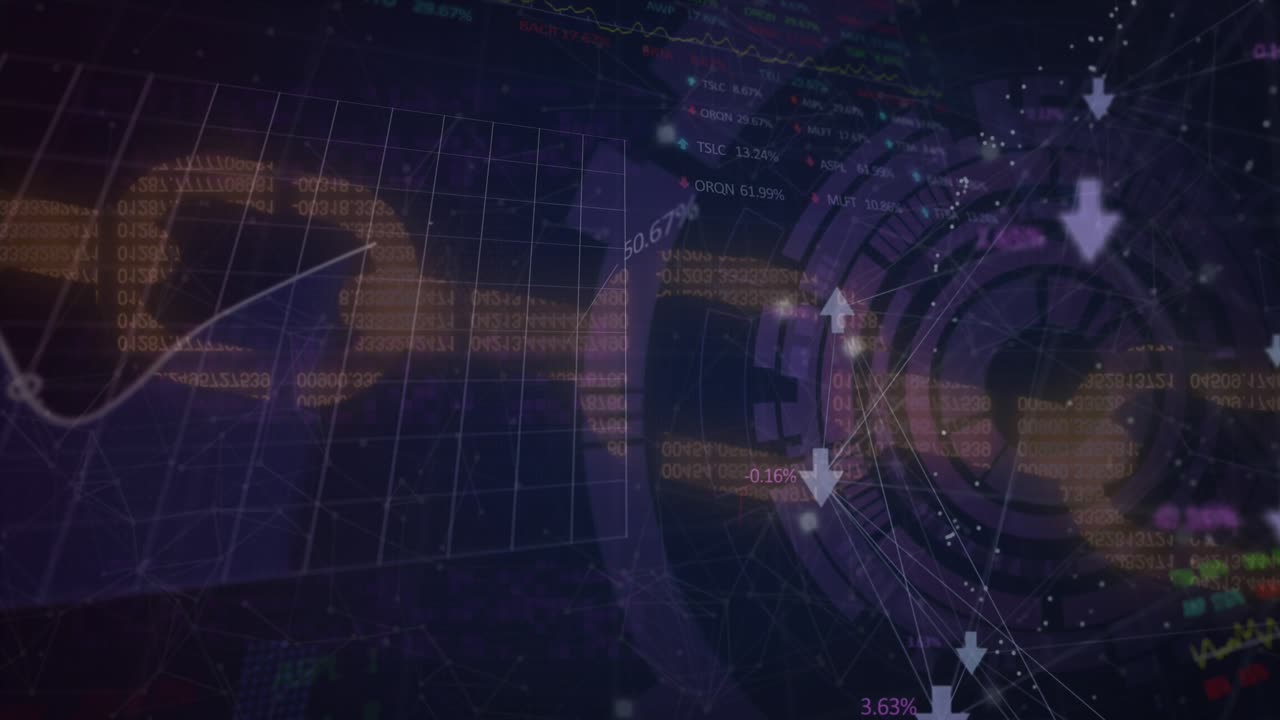 Animation of scope scanning over data processing and network of connections on black background