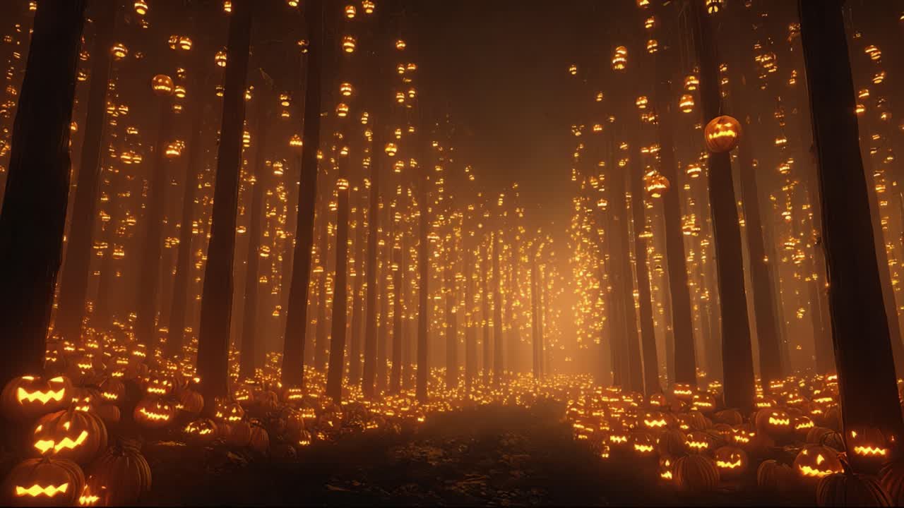 A Spooky Forest of Illuminated Jack-o'-Lanterns: A Magical Halloween Scene Filled with Glowing Pumpkins and Enchanting Ambiance in an Eerie Setting