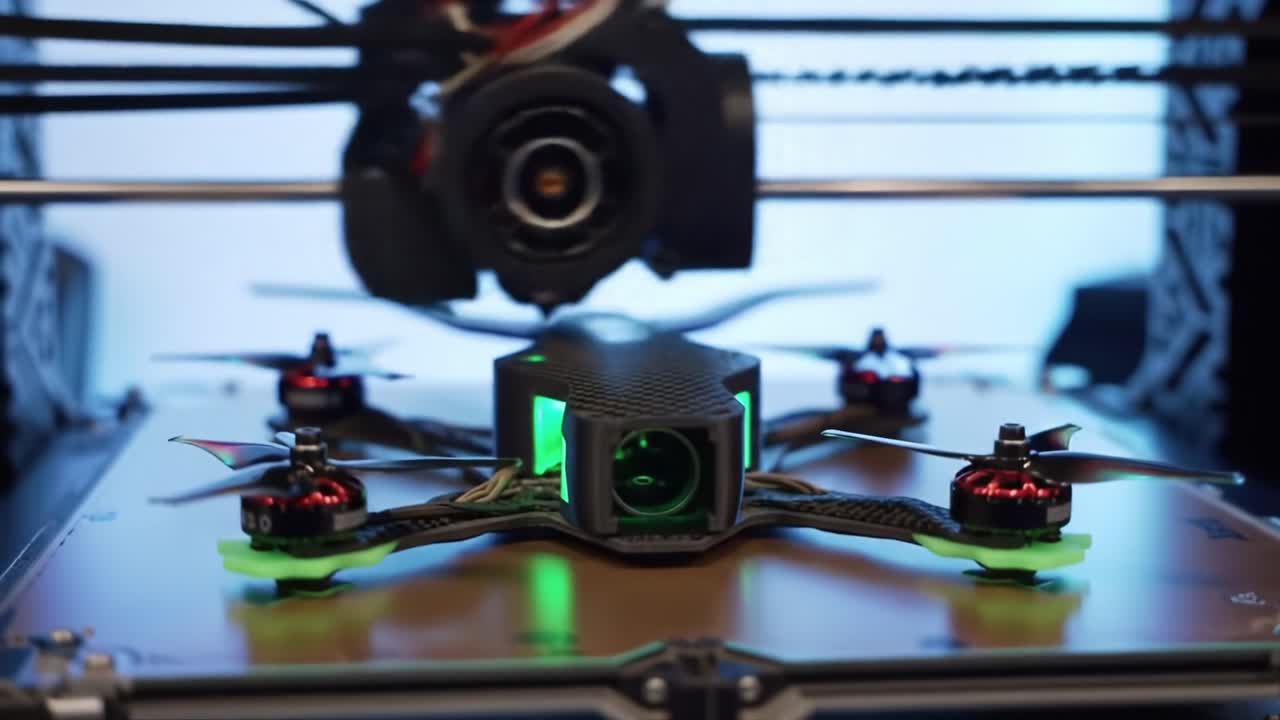 A Close-Up View of a Drone Being Assembled with Precision Technology in a 3D Printing Environment, Showcasing the Intricate Components and Details of its Design