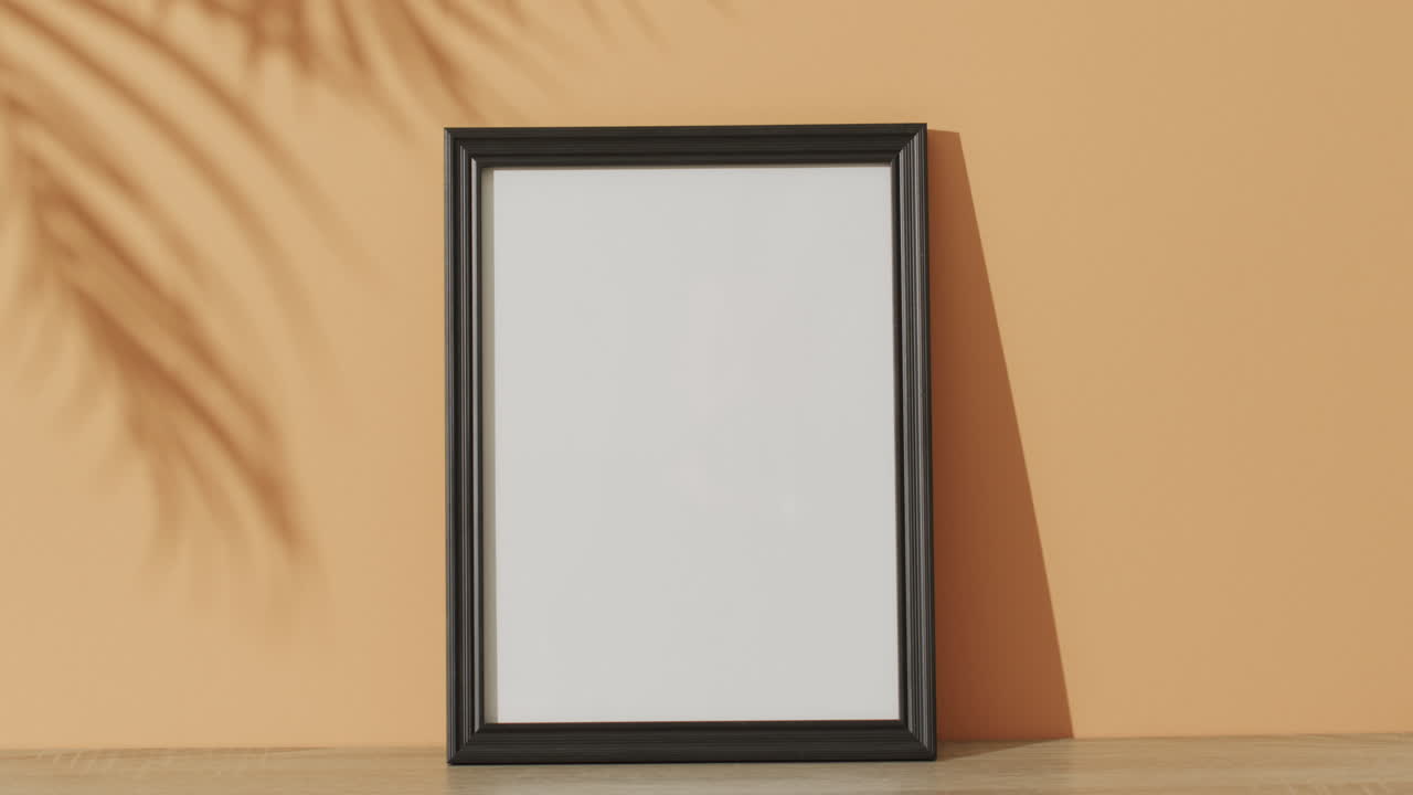 marco negro con espacio de copia en fondo blanco y sombra de hoja contra la pared naranja