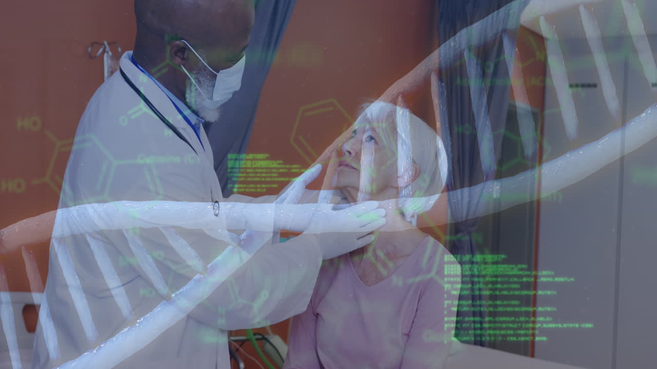 animación de cadena de adn y datos médicos sobre diversos médicos masculinos que examinan a una paciente femenina de edad avanzada.