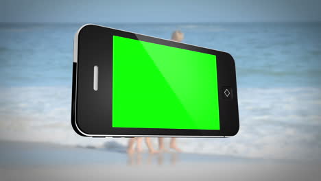 Smartphone-Con-Pantalla-Verde-Frente-A-La-Familia-Al-Aire-Libre