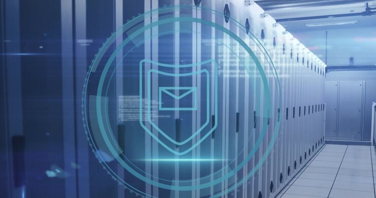 Cyber Security Concept with Digital Shield Overlay in Server Room