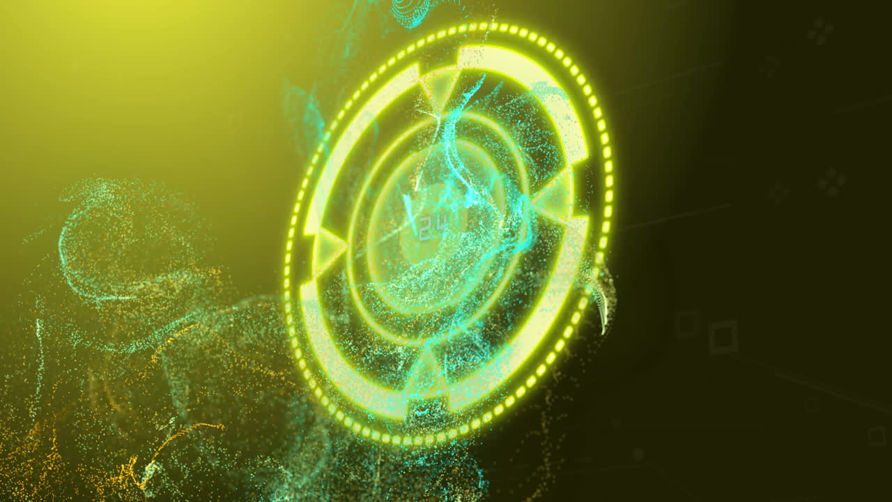 반이는 입자와 디지털 데이터 애니메이션으로 회전하는 원형 인터페이스