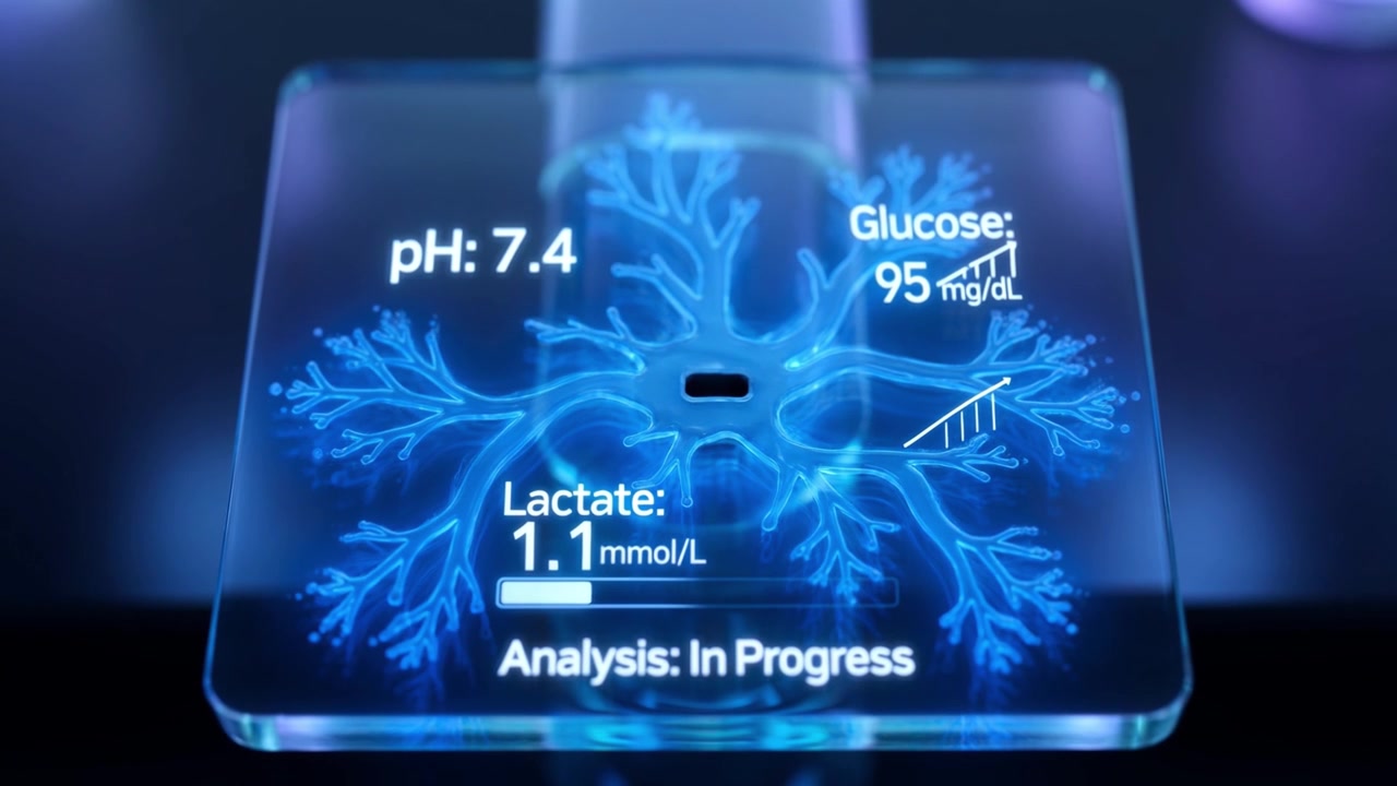 Futuristic Digital Display Showing Neuron Cell and Medical Data Analysis