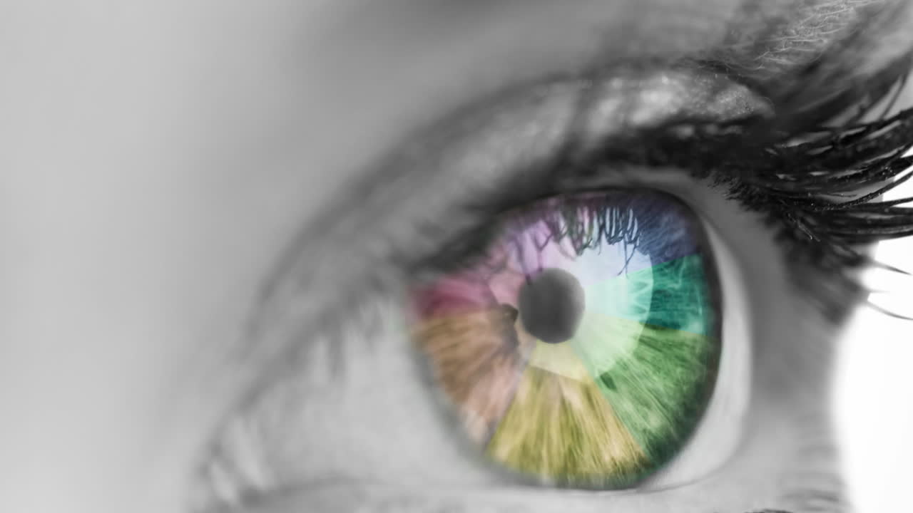 primer plano de un ojo colorido femenino contra un fondo blanco