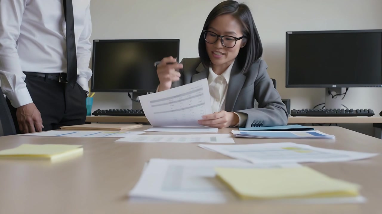 Picking sheet woman in grey blazer scanning sheets at table, marking, signing with pen to approve