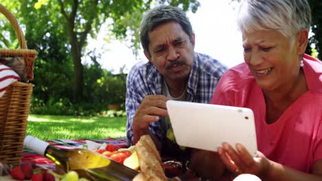 senior couple using digital tablet