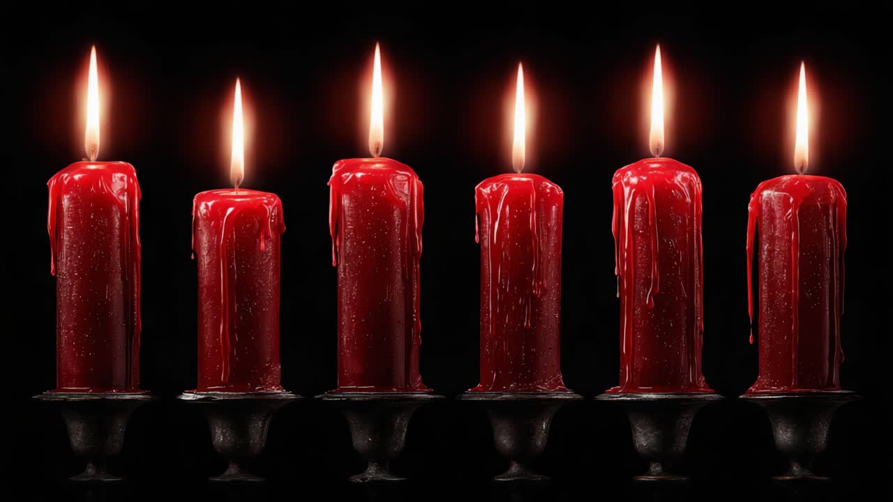Un'incantevole esposizione di candele rosse scintillanti accese su uno sfondo scuro, che crea un'atmosfera accogliente e misteriosa perfetta per varie occasioni.