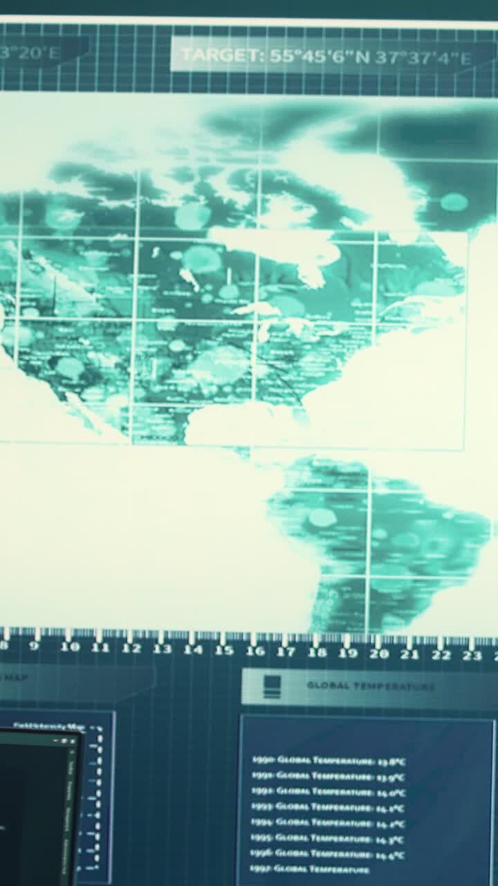 Computer Screen Displaying Digital World Map and Global Data