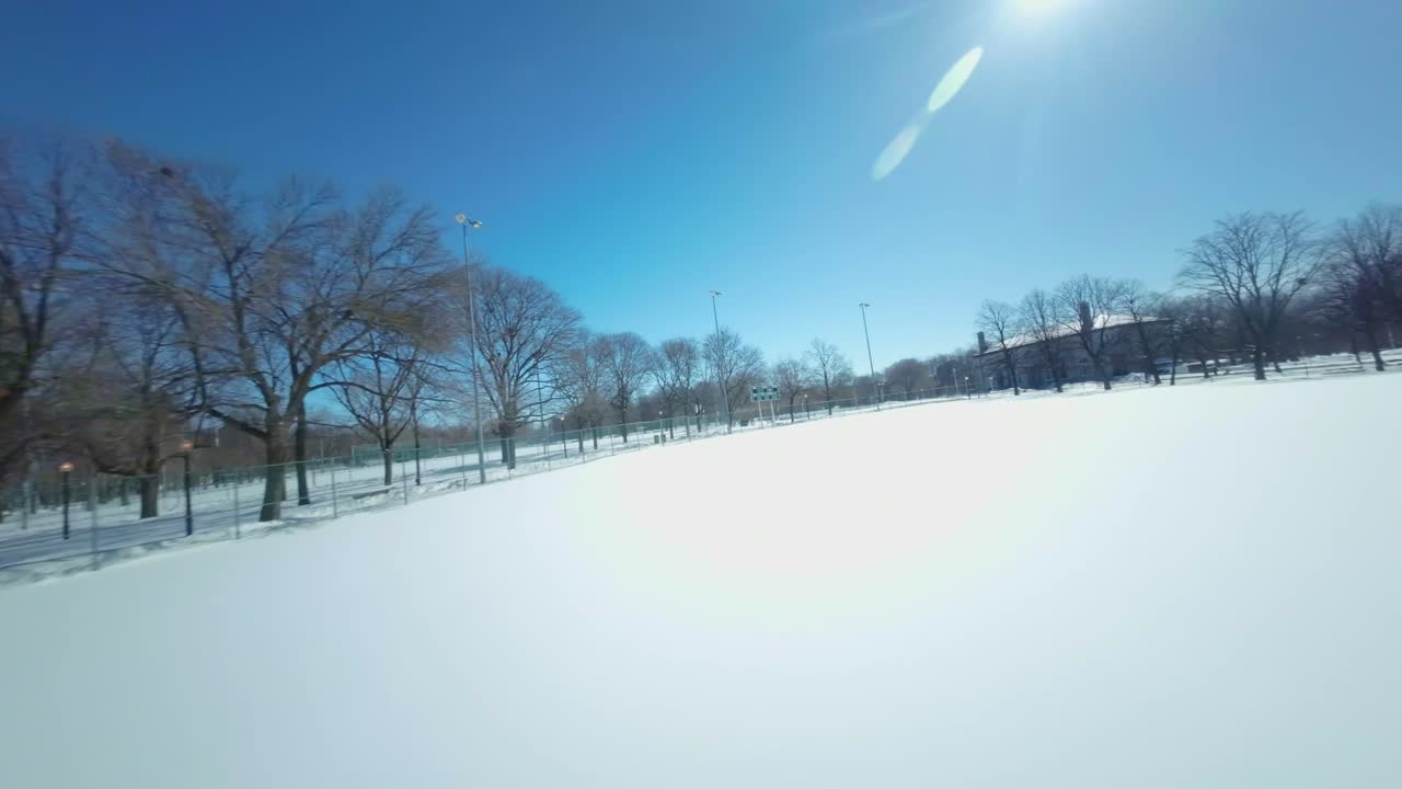 라 폰테인 공원의 겨울 길을 가로질러 낮은 비행