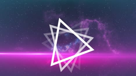 animation of multiple white triangles spinning on seamless loop over glowing pink light trails