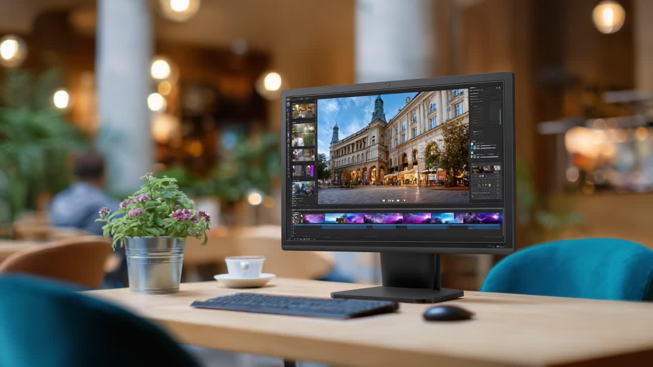 Un'area di lavoro moderna con un monitor ad alta risoluzione che mostra immagini di fotografia architettonica, enfatizzando la produttività e la creatività in un ambiente accogliente come quello di un bar