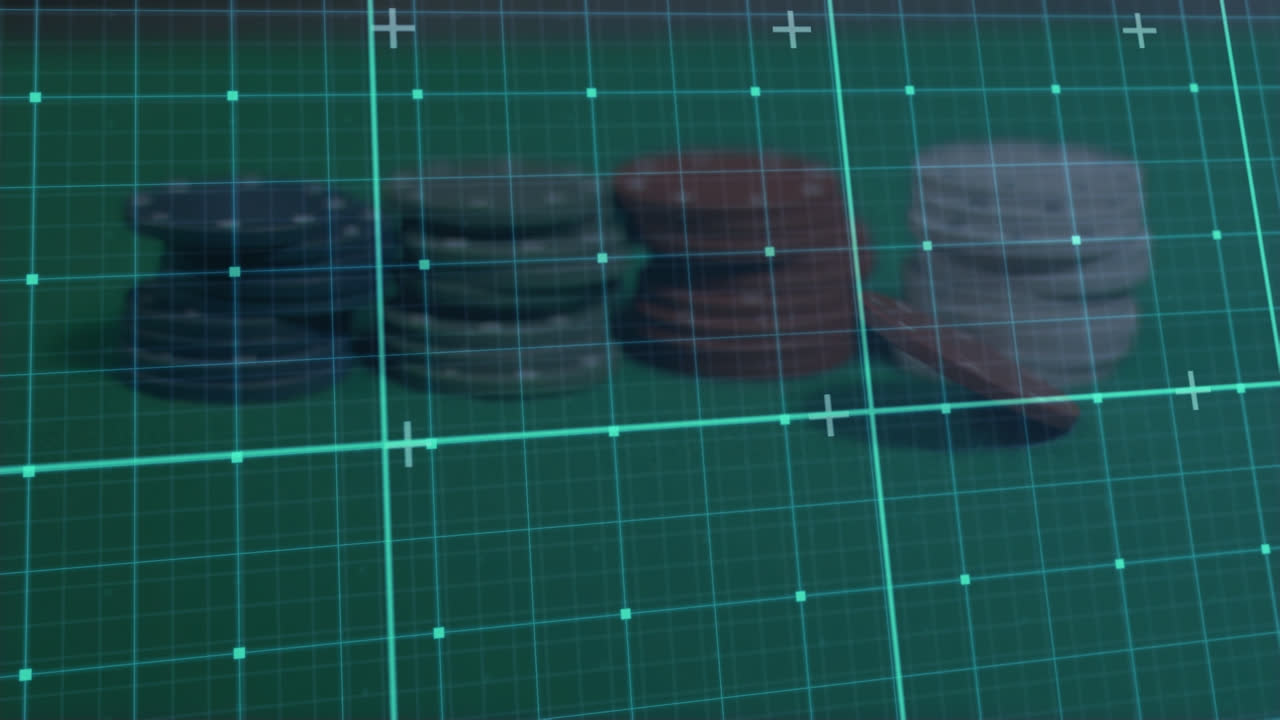 animación del procesamiento de datos y cuadrícula sobre fichas de casino