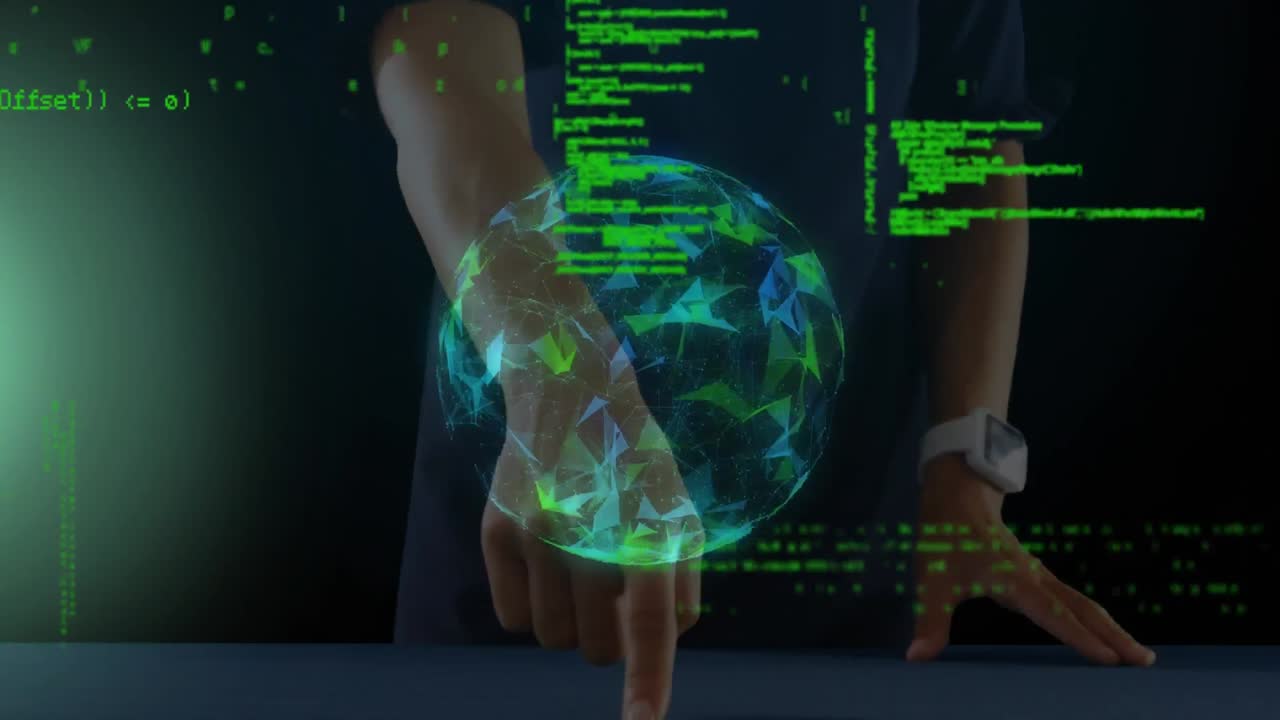 animación del globo de la red de conexiones, procesamiento de datos sobre el hombre utilizando pantalla virtual