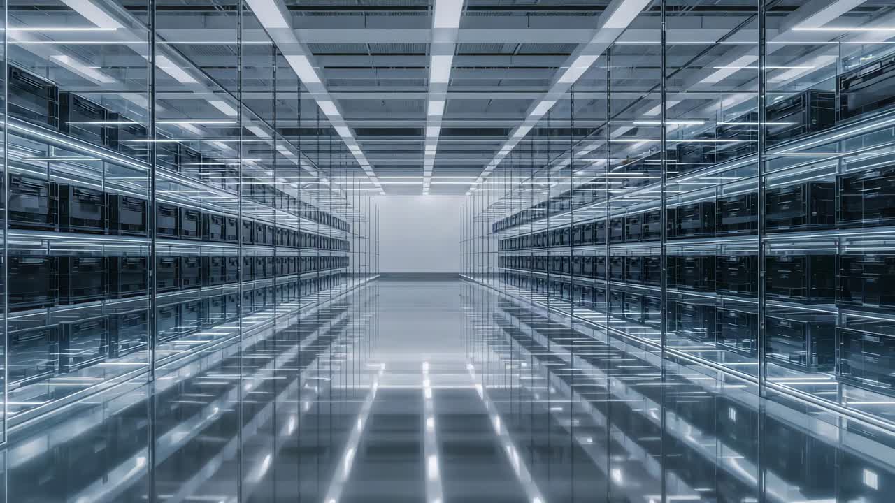 Tracking camera pushing forward down central aisle with glass racks in data center, creating depth