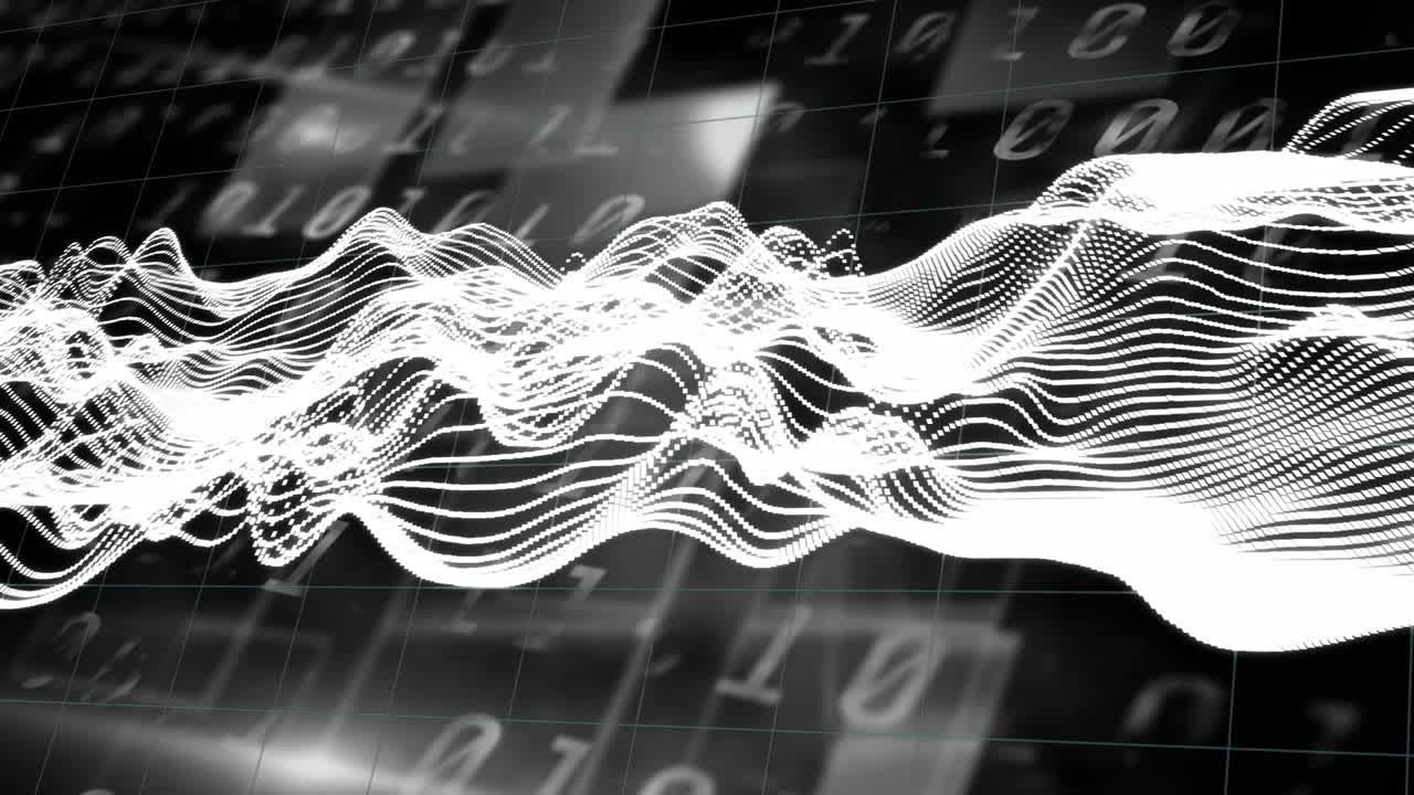 Animation of glowing white light trails and binary coding on back background