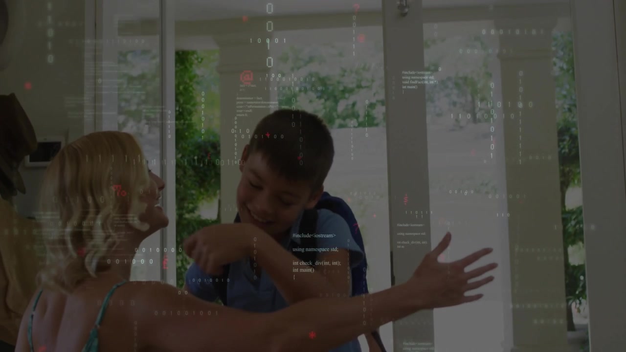 Mother reaching glass-paneled door opening home entry children entering with backpacks and hugging