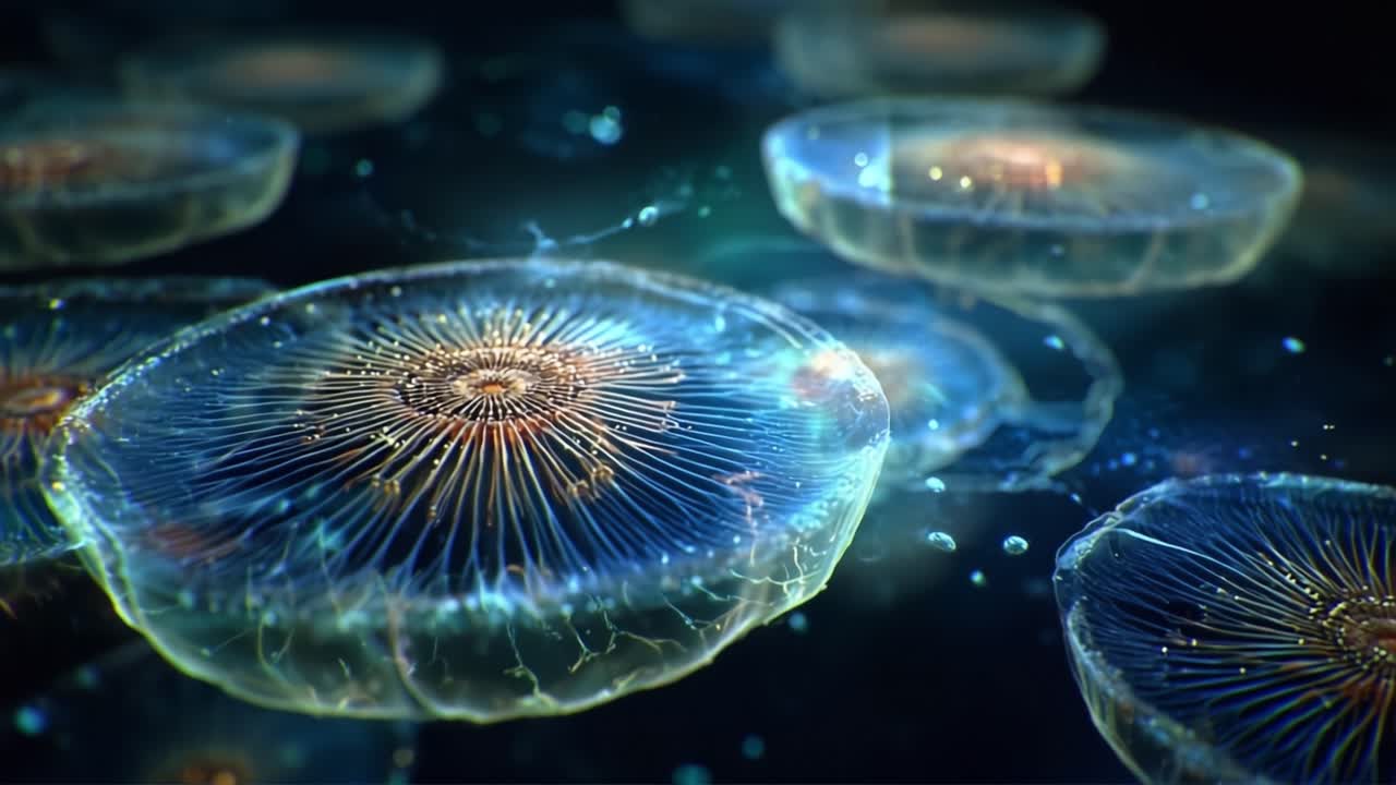 魅惑的な深海への旅：水中生息地で優雅に漂う生物発光クラゲの鮮やかな世界を探求する