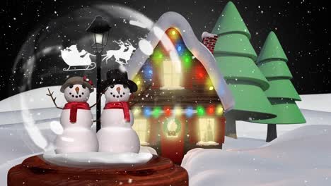 Linda-Animación-Navideña-De-Una-Pareja-De-Muñecos-De-Nieve-Contra-El-Trineo-De-Papá-Noel-En-El-Fondo-4k