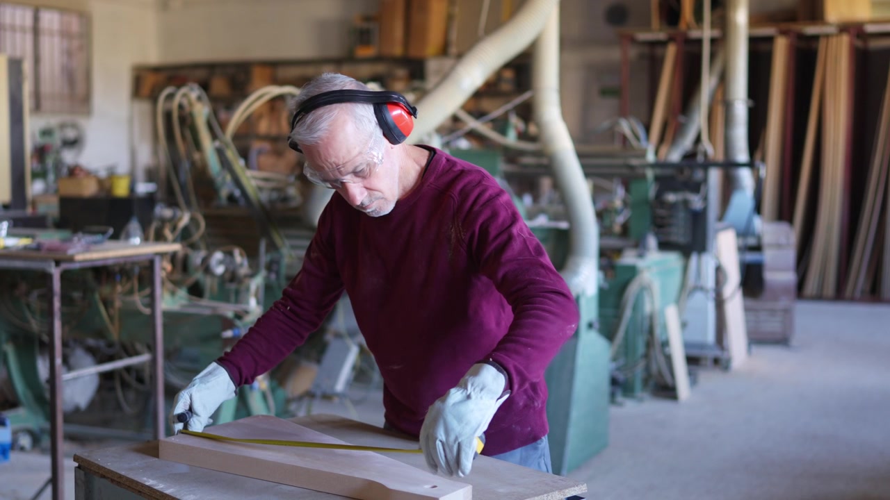 Senior carpenter measuring wooden board in workshop