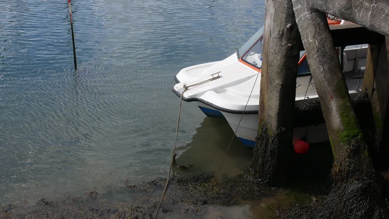 A boat moored beside algae-covered wooden pilings at the harbor’s edge in Scarborough, North Yorkshire in England, with rippling water and seaweed below