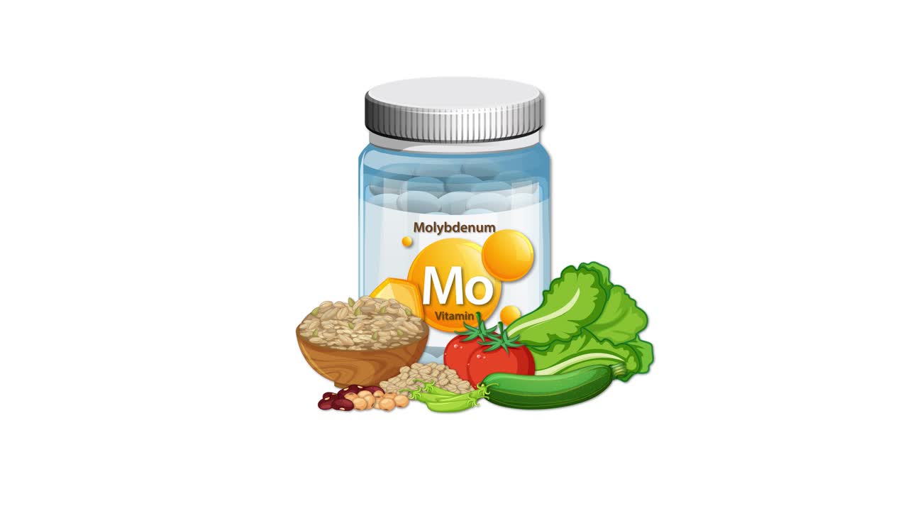 Molybdenum supplement bottle with vegetables and grains, animated assembly, clean white background, smooth transitions
