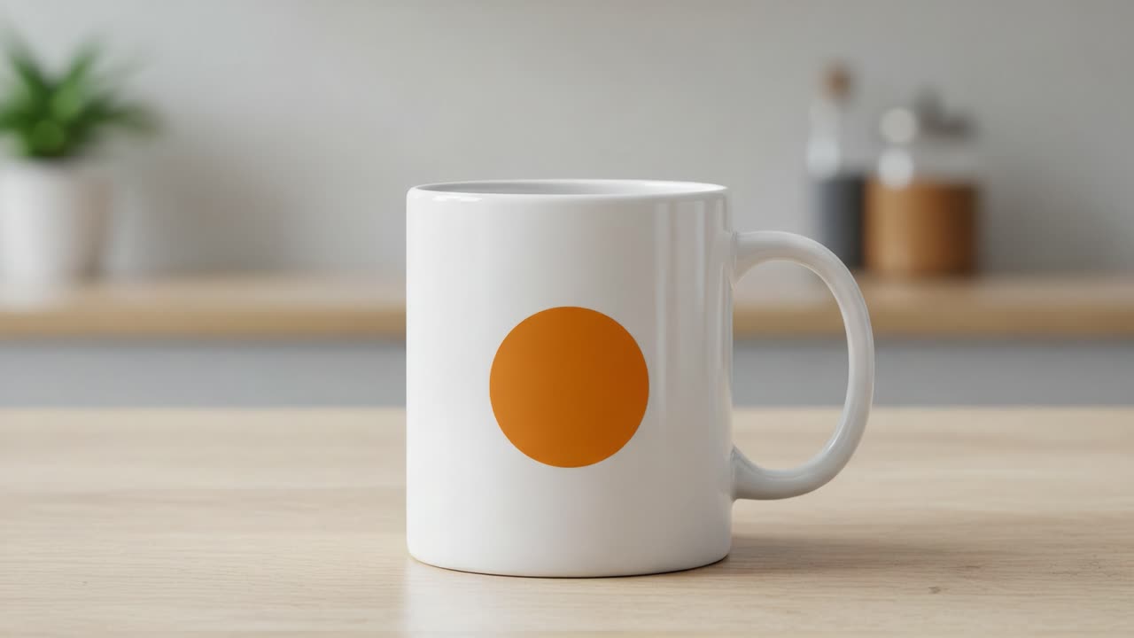 A Simple Yet Elegant White Mug with a Bold Orange Circle Design, Perfect for Coffee or Tea in a Cozy Kitchen Setting