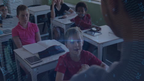 Students in classroom with digital data processing animation over teacher