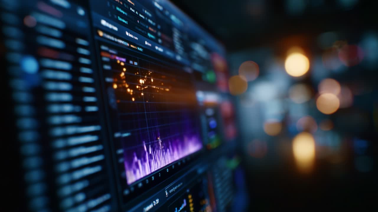 Visualizzazione dinamica dei dati con grafici colorati e software di analisi visualizzati su uno schermo moderno in un ambiente illuminato professionalmente