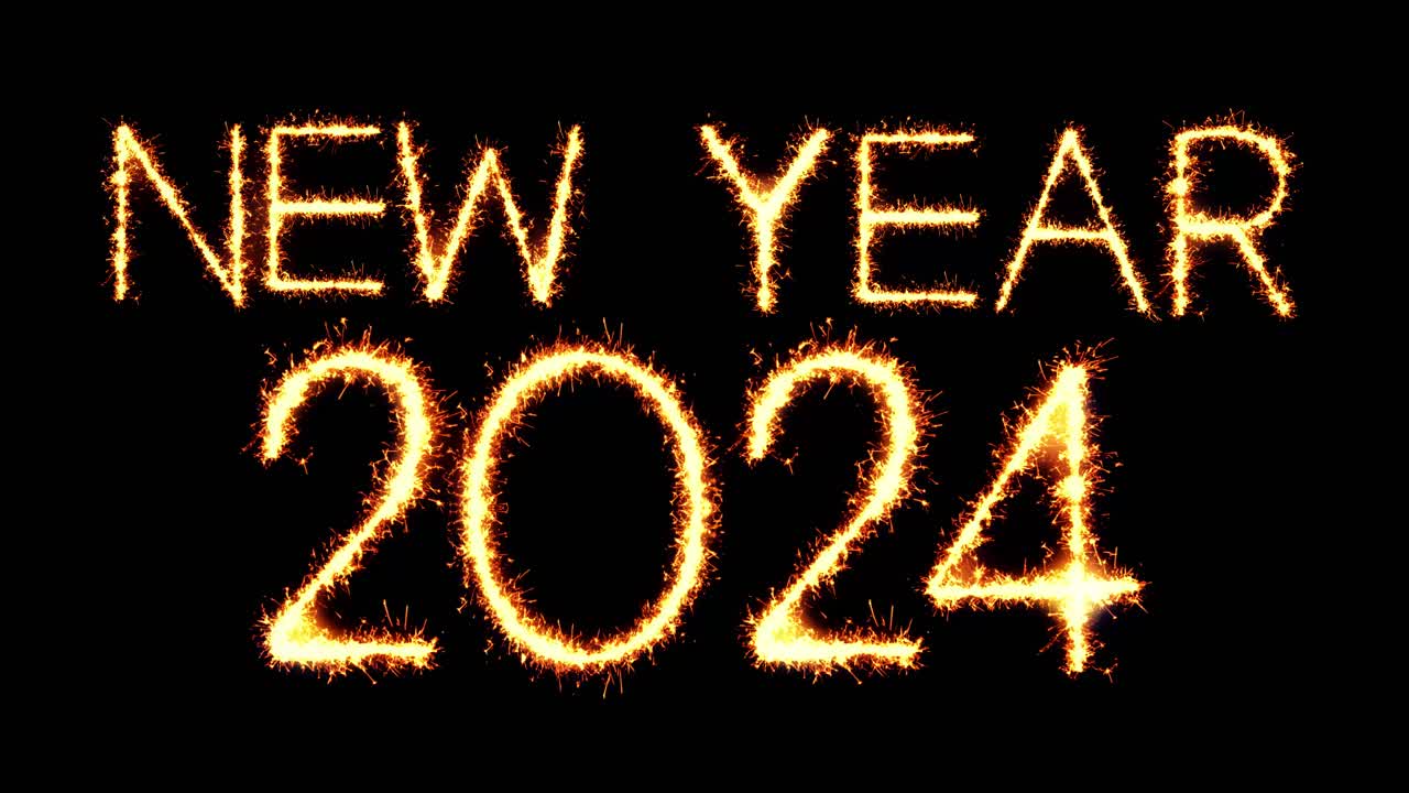 New year 2024 text sparkler writing with glitter sparks particles firework on black 4k loop