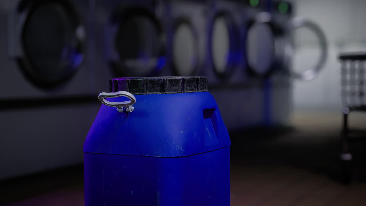 Bright blue container in a modern laundry facility during daytime