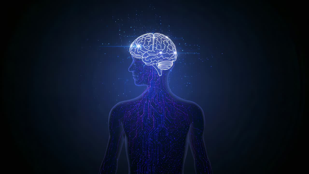 Rotating anatomical model showing lit brain pulsing neural flares as camera moving in lab for study