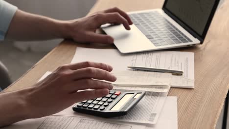 accountant working using calculator and laptop app, close up view