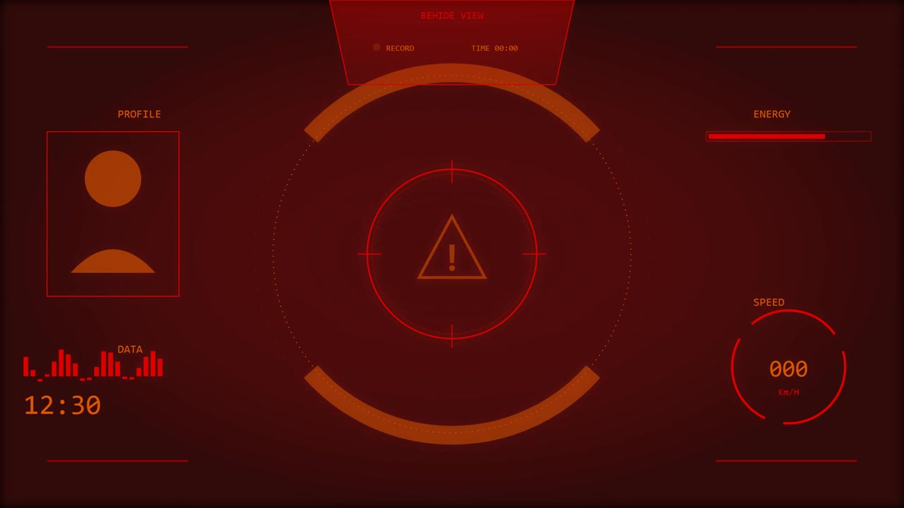 Futuristic Red Digital Interface with Warning Symbol and Data Displays