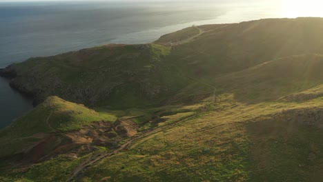 drone shot of green fields and small trails on the cliff of madeira during sunset