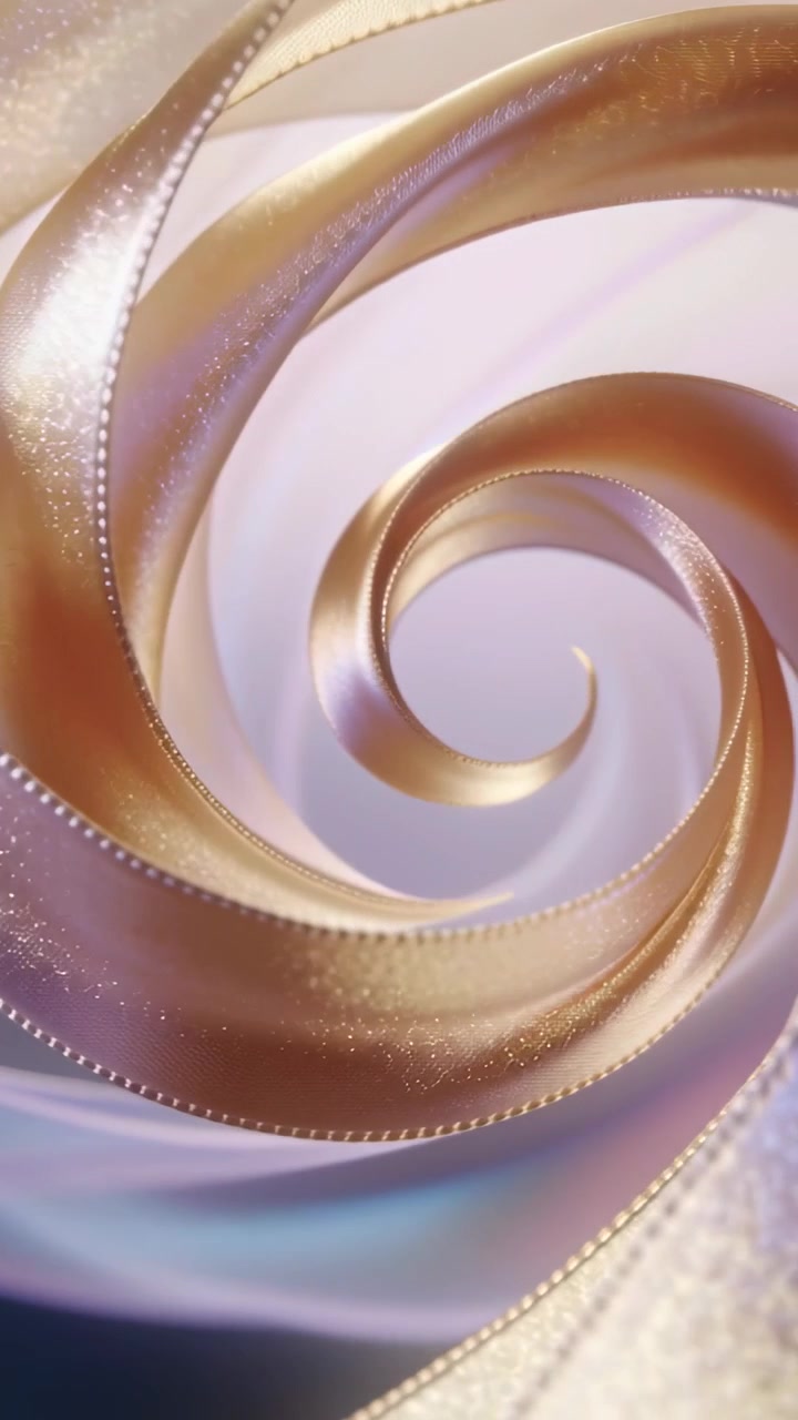 Video verticale: Carrello che si avvicina, creando una spirale di nastro che ruota, mostrando il nucleo al centro con bordo glitterato.