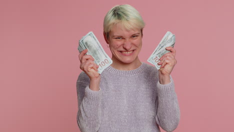 rich pleased boss woman waving money dollar cash, success business career, lottery winner big income