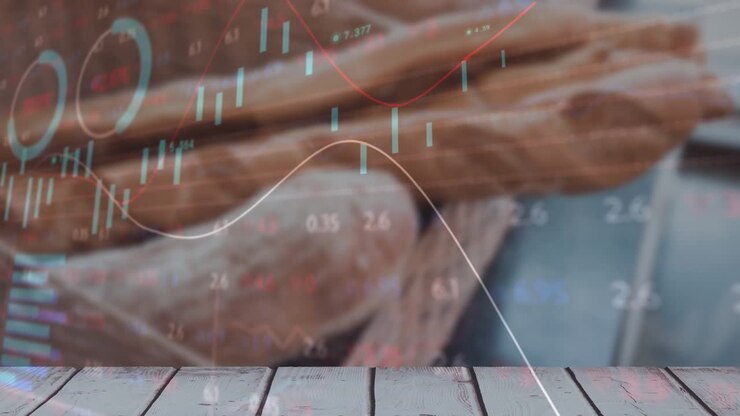 All'inizio della clip, grafici finanziari si sovrappongono a un cestino del pane, con un grafico a linee che mostra l'andamento del mercato.
