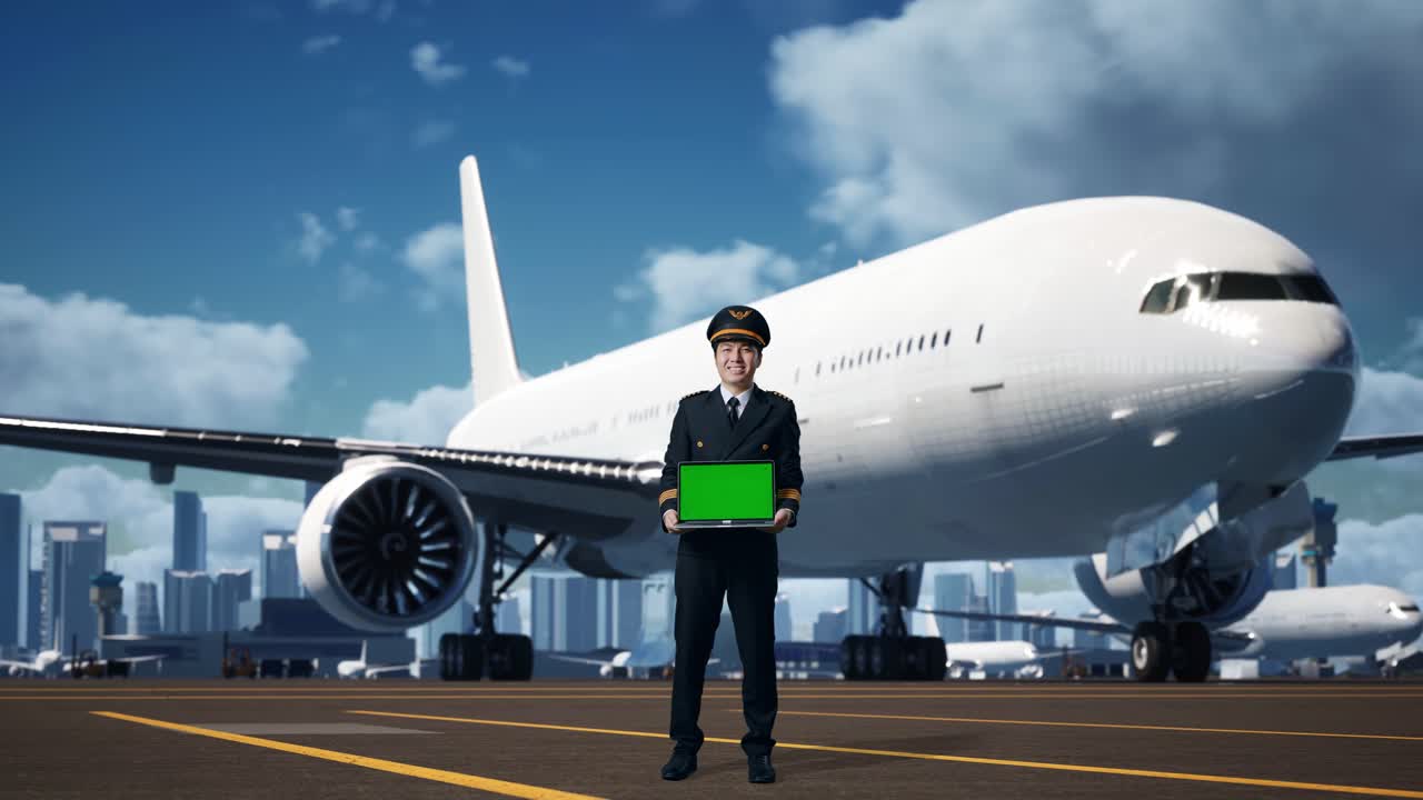 cuerpo lleno de piloto de hombre asiático sonriendo y mostrando portátil de pantalla verde a la cámara mientras está de pie en el aeródromo con el avión en el fondo