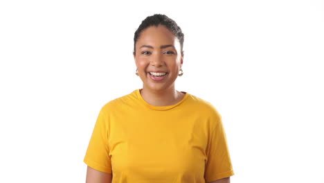 Woman,-face-and-laughing-at-white-background