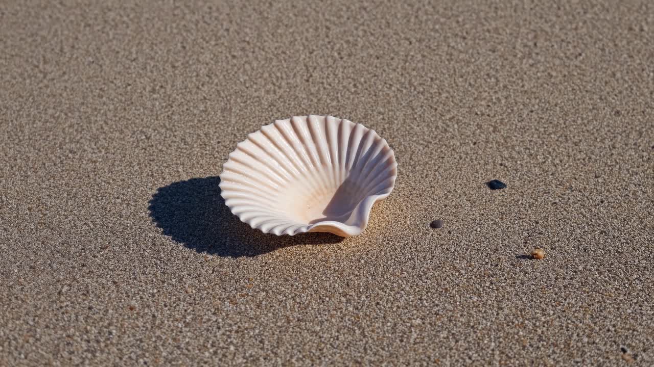 Close-up video shot of a seashell on sandy beach. Captured from a low angle, highlighting texture
