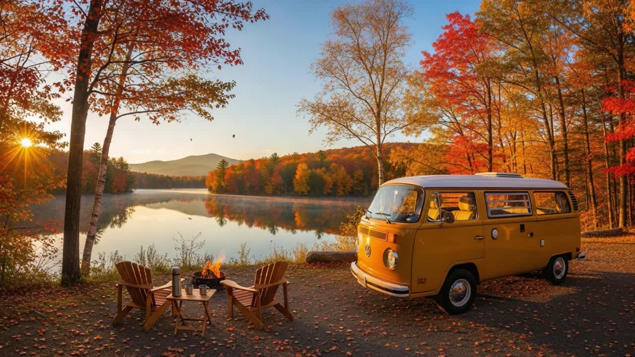 A Serene Autumn Retreat by the Lake with a Vintage Camper, Surrounded by Vibrant Fall Foliage and a Warm Campfire Glow