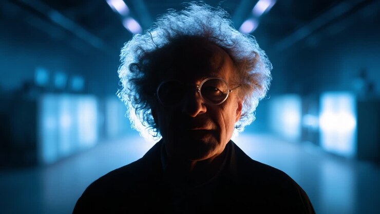 Una figura misteriosa con capelli selvaggi e occhiali in posa su uno sfondo scarsamente illuminato che crea un'atmosfera drammatica in questa scena cinematografica