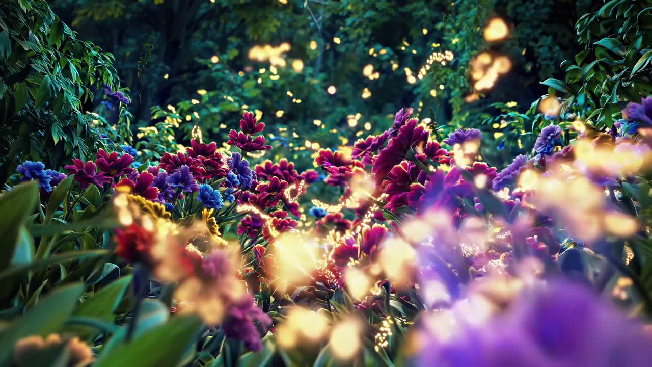 Vibrant flowers with glowing particles create a magical scene