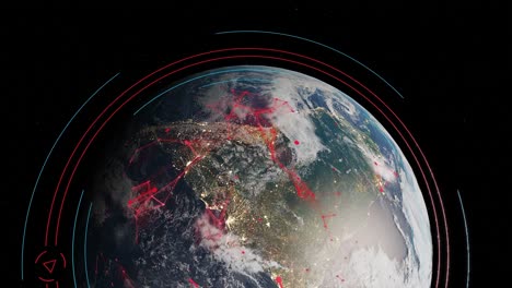 earth globe view from the space with electromagnetic pollution field connection internet between big city and light pollution 3d rendering animation