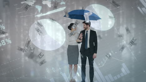 pareja de negocios sosteniendo un paraguas mientras llueve dinero