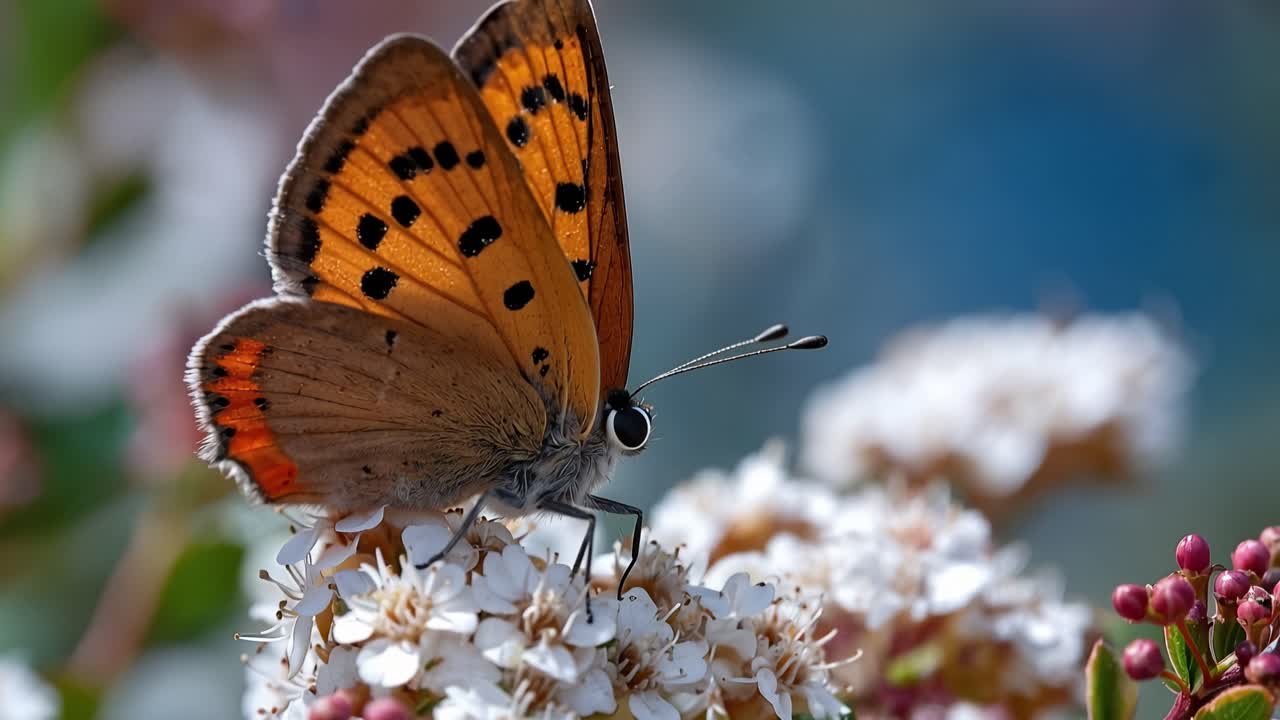 Sfondo sfocato mette in risalto delicate ali di farfalla. Tonalità arancioni contrastano con fiori bianchi sottostanti. Un piccolo insetto riposa, le antenne si muovono delicatamente.