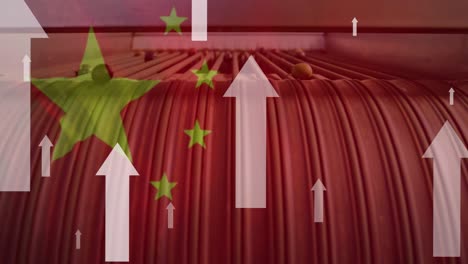 animation of white arrows, flag of china over factory