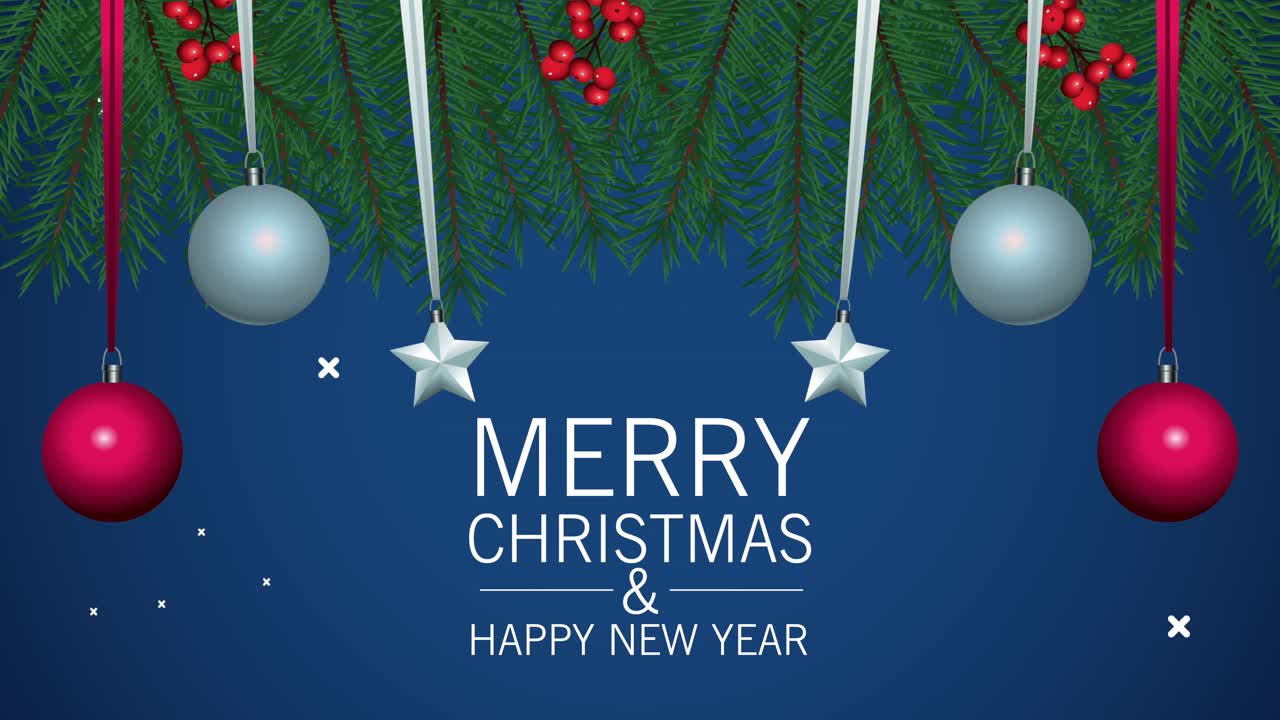 크리스마스 축하합니다. 공과 별이 매달린 글자.